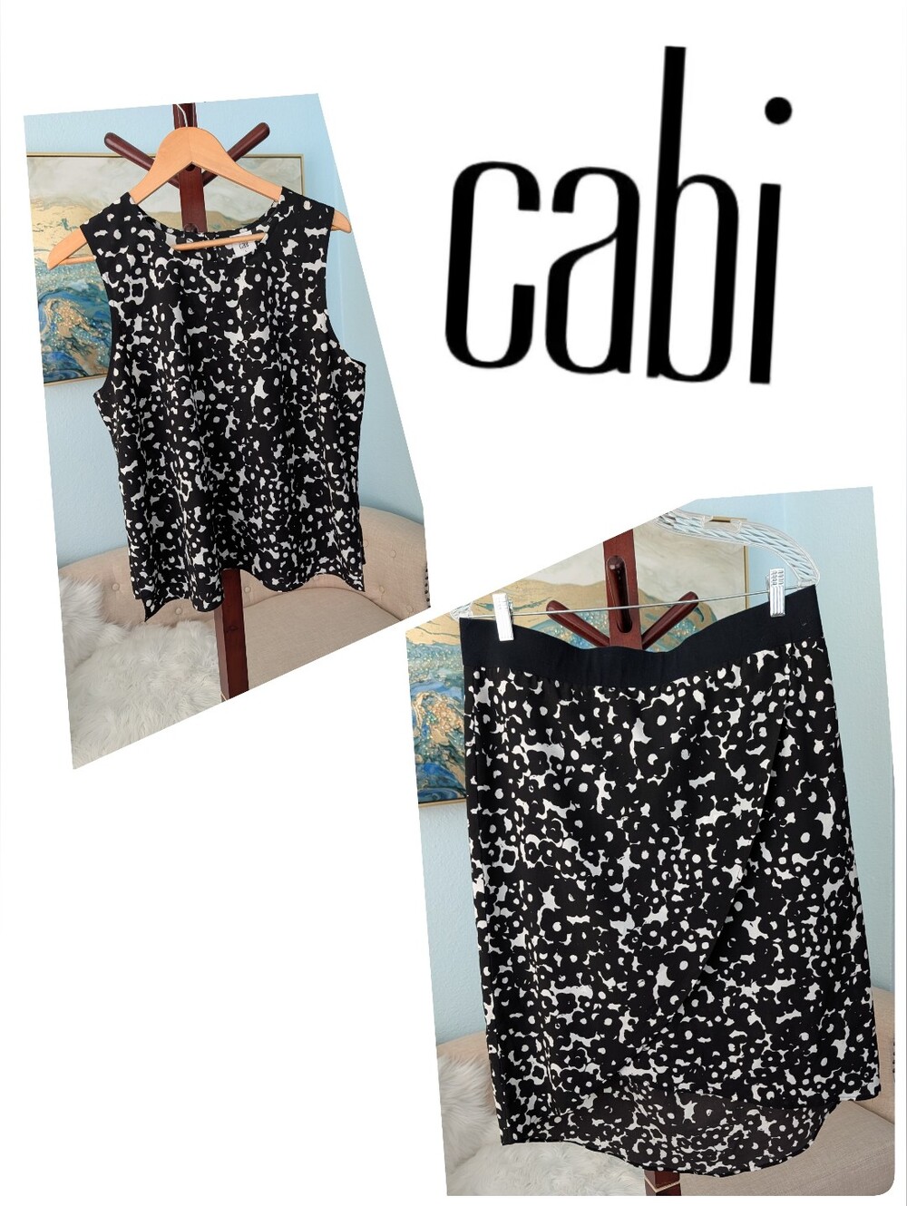 cabi Black and White Abstract Print Set Top & Skirt High-Low Sz L.